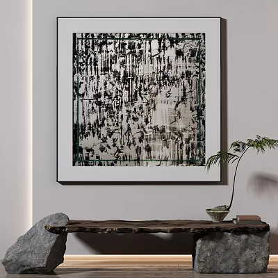 Abstract Painting With Black White Textured Lines And Patterns Hanging On Modern Wall 3d model