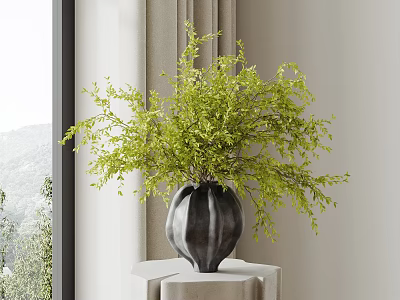 Stylish Black Textured Vase With Lush Green Foliage On White Pedestal Table 3d model