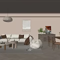 Middle Ancient Style Home Guest Restaurant Fabric Sofa Coffee Table Combination Leisure Sofa Chair Solid Wood Dining Table and Chair Sideboard Locker Chandelier Balcony Cabinet Sliding Door 3d model