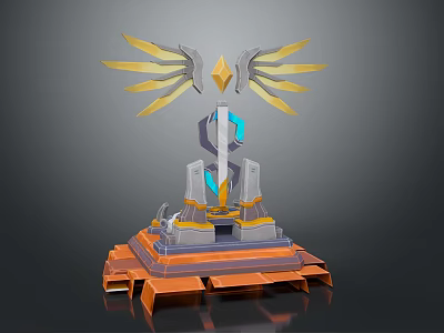 Futuristic Monument Design With Golden Wings Diamond Structure Blue Glowing Elements And Orange Gray Base 3d model