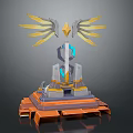 Futuristic Monument Design With Golden Wings Diamond Structure Blue Glowing Elements And Orange Gray Base