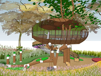 Treehouse Playground Structure In Natural Environment With Wooden Slides And Surrounding Trees 3d model