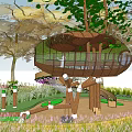 Treehouse Playground Structure In Natural Environment With Wooden Slides And Surrounding Trees