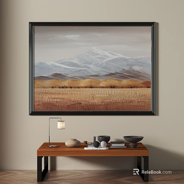 Abstract Painting Of Snowy Mountains Golden Brown Rolling Hills Landscape 3d model 
