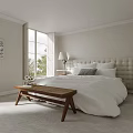 Modern Bedroom Interior With Upholstered Headboard Nightstands Table Lamps And Wooden Bench