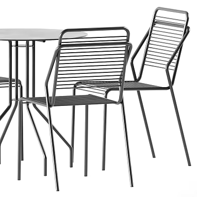 Modern Outdoor Metal Table With Round Top And Slatted Back Metal Chairs 3d model