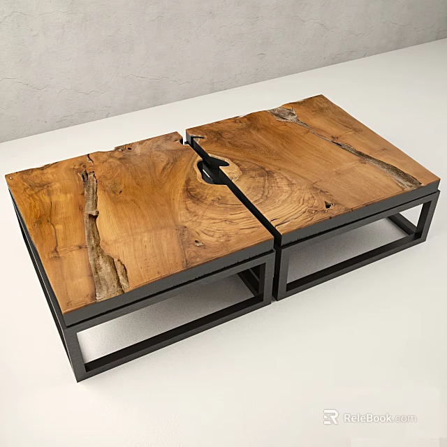 Rustic Entertainment Table Featuring Two Part Wooden Top And Black Metal Frame 3d model