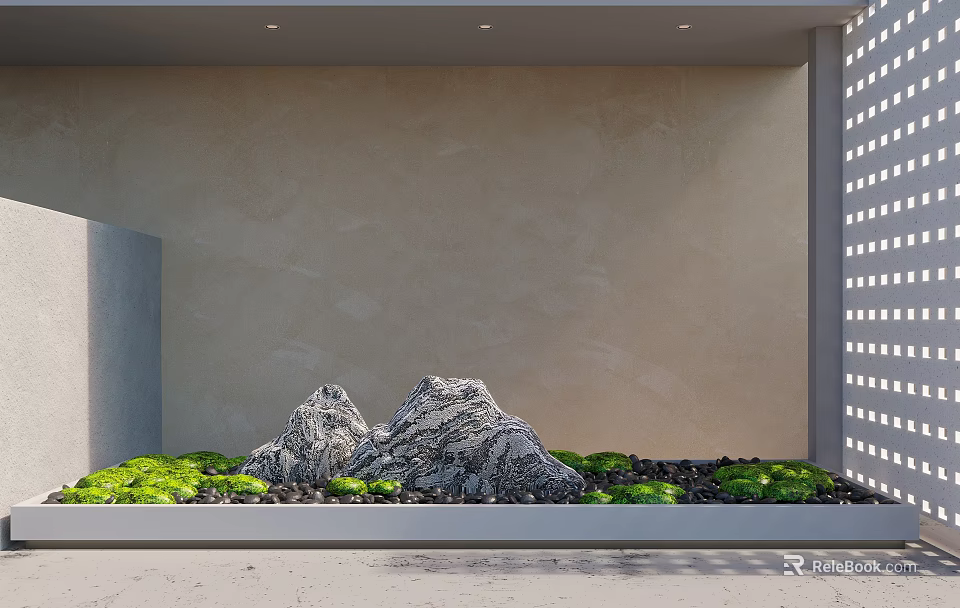 Modern Minimalist Interior Landscape With Rocks And Greenery 3d model 