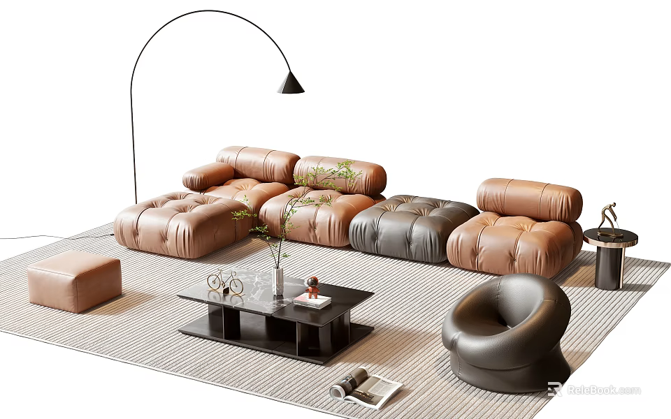 Brown and Gray Leather Sofa Coffee Table Set with Floor Lamp Accent Chair and Rug 3d model 
