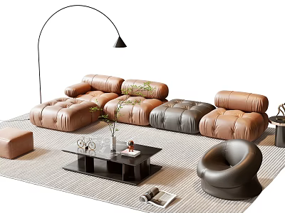 Brown and Gray Leather Sofa Coffee Table Set with Floor Lamp Accent Chair and Rug 3d model