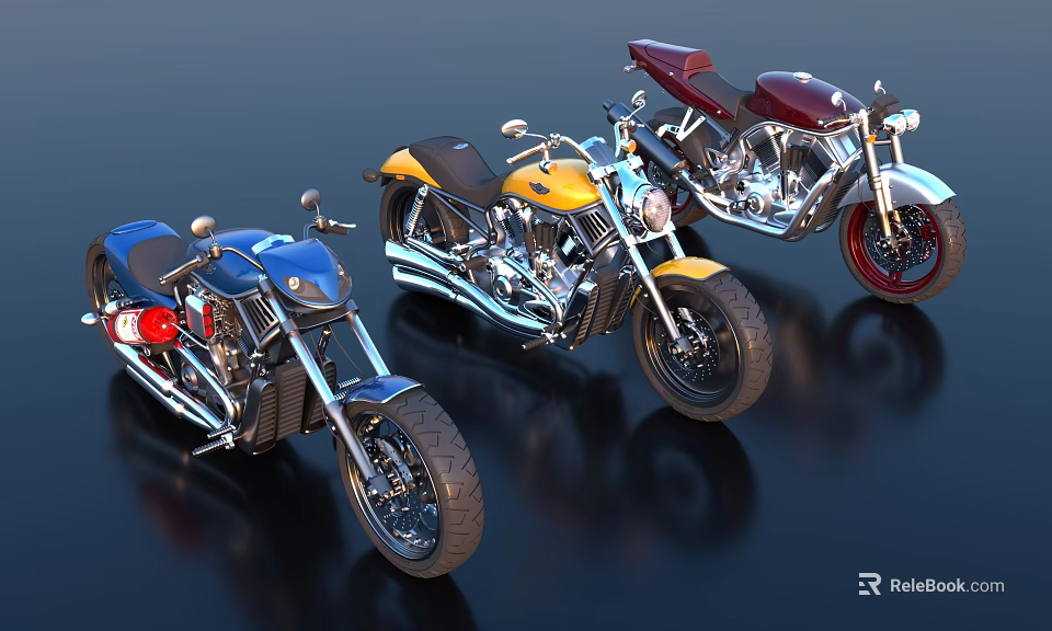 Three Stylish Custom Motorcycles in Blue Yellow and Red on Shiny Black Surface 3d model 