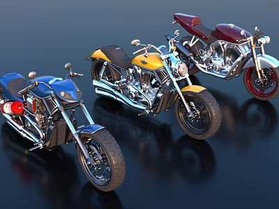 Three Stylish Custom Motorcycles in Blue Yellow and Red on Shiny Black Surface 3d model