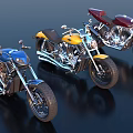 Three Stylish Custom Motorcycles in Blue Yellow and Red on Shiny Black Surface