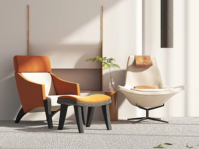 Modern Chair And Stool Set With Orange Accent And Green Plant 3d model
