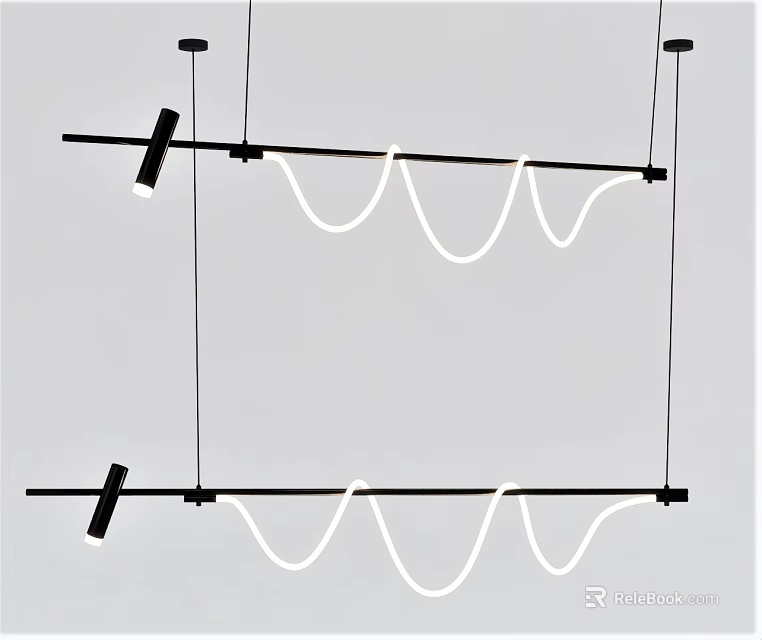 Modern Chandelier Featuring Wave Design Black Metal Frame and White Light Strips for Living Room 3d model 