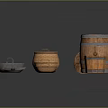 Rustic Decorative Ornament Set With Wooden Barrels Wicker Baskets And Metal Utensils