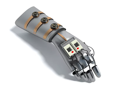 Mechanical Prosthetic Arm Medical Device With Gray Design Brown Straps Control Panel And Metal Fingers 3d model