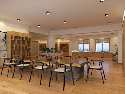 Minimalist Dining Space With Long Table Chairs Wooden Flooring Bookshelves And Windows 3d model
