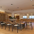Minimalist Dining Space With Long Table Chairs Wooden Flooring Bookshelves And Windows