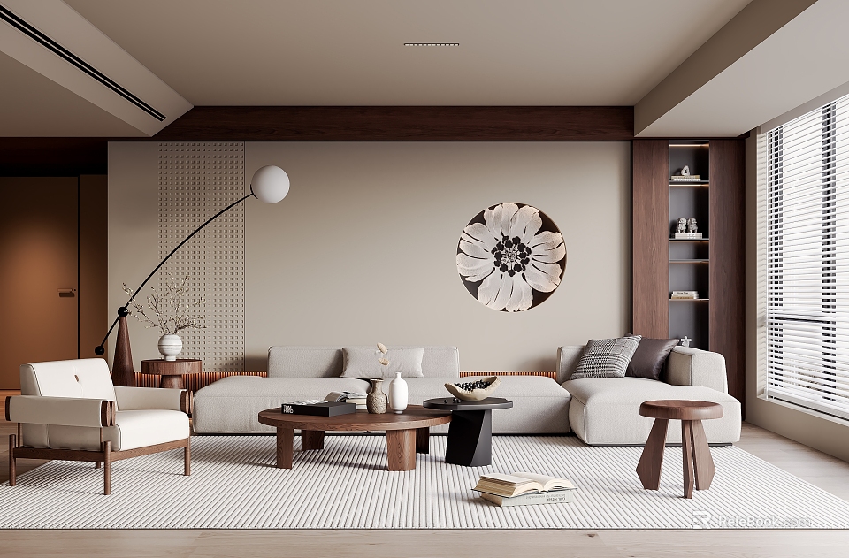 Minimalist Living Room Interior With Beige Sofa Wooden Coffee Table And Circular Decorative Painting 3d model 