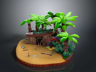 Tropical Island Scene With Palm Trees Wooden Hut Sandy Beach And Tools 3d model