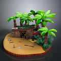 Tropical Island Scene With Palm Trees Wooden Hut Sandy Beach And Tools
