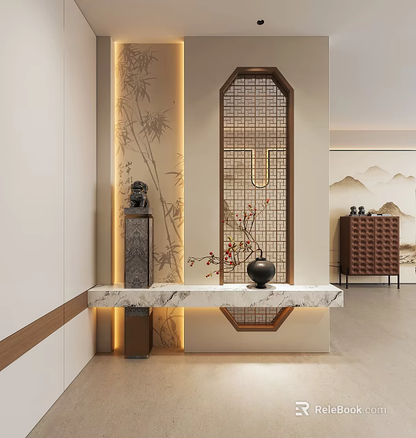 Elegant Foyer Entryway Design With Marble Console Table And Decorative Vase 3d model 