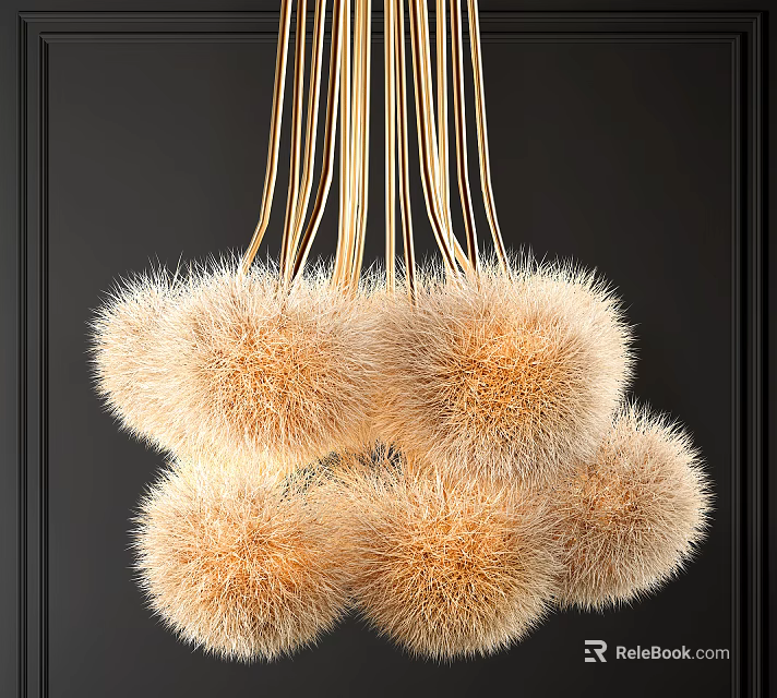 Modern Fluffy Pom Pom Chandelier With Golden Hanging Strings On Dark Background 3d model 