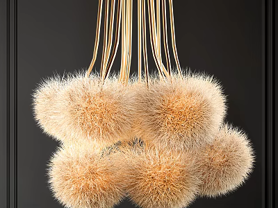 Modern Fluffy Pom Pom Chandelier With Golden Hanging Strings On Dark Background 3d model