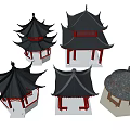 Traditional Chinese Pavilion Architectural Models With Black Roofs And Red Pillars