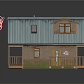 Classic Wooden House With Blue Roof American Flag Porch Skylight And Front Figure