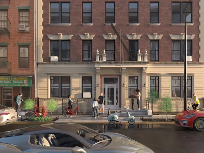 Red Brick Building Street Scene With Pedestrians Cars And Green Plants 3d model