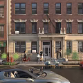 Red Brick Building Street Scene With Pedestrians Cars And Green Plants