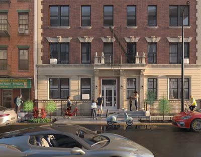 Red Brick Building Street Scene With Pedestrians Cars And Green Plants 3d model