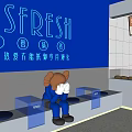 MSFRESH Café Modern Interior With Blue Walls Neon Sign And Bear Decoration