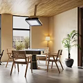 Bright Hotel Mahjong Room With Wooden Ceiling Large Windows Palm Plant And Cozy Lamp