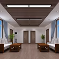 Modern Waiting Room Interior With Wooden Flooring Blue Curtains Green Plants Sofas And Coffee Tables