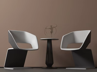Modern Table and Chairs Set With White Chairs Black Round Table And Decorative Metal Sculpture 3d model