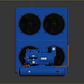 Blue Industrial Cooling Equipment With Four Black Fans And Blue Compressor