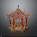 Traditional Chinese Hexagonal Pavilion With Red Roof Golden Ornament And Red Columns