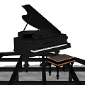 Elegant Black Grand Piano With Carved Design And Matching Stool On Transparent Table