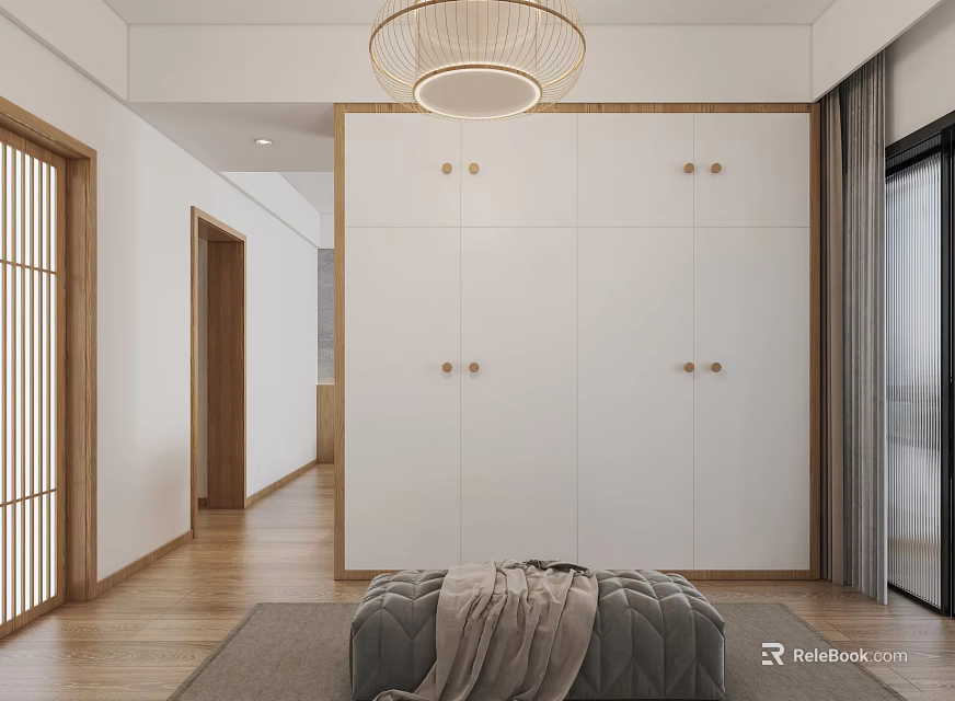 Modern White Wardrobe with Cabinet Doors in Bedroom with Wooden Floor and Padded Bench 3d model 