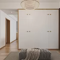 Modern White Wardrobe with Cabinet Doors in Bedroom with Wooden Floor and Padded Bench