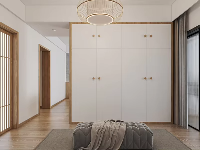 Modern White Wardrobe with Cabinet Doors in Bedroom with Wooden Floor and Padded Bench 3d model