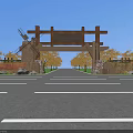 Wooden Entrance Gate With Beam Structure Stone Wall And Trees Along Paved Road 3d model