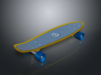 Everyday Use Stylish Blue Skateboard With Yellow Edge Blue Wheels Round Logo 3d model