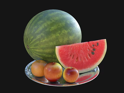 Fresh Juicy Watermelon Whole and Sliced with Apples Peaches on Silver Plate 3d model