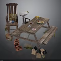Rustic Outdoor Picnic Area With Wooden Table Chair Bird Bath Flower Pots And Bird Houses