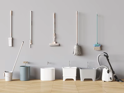 Household Cleaning Tools Collection With Wall Mounted Mops Brooms Buckets And Vacuum Cleaner 3d model