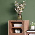 Modern Wooden TV Stand With TV Green Wall Plants Books And Decor